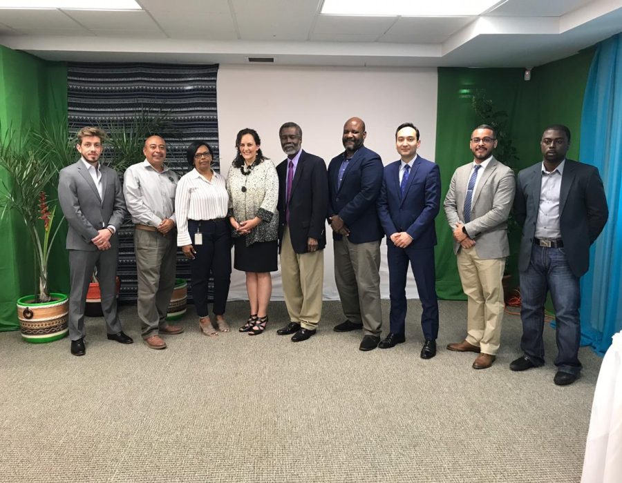 Partnerships that drive development in Belize. (From left to right)–Rodrigo Iriani, Project Manager The Trust for the Americas, Marvin Mora, President – National Trade Union Congress of Belize , Kim Aikman - , CEO - Belize Chamber of Commerce & Industry, Mary Beth Goodman, Former OGP Country Lead for the US Government, Starret Green – OAS Representative in Belize, Mike Mora, Henry Wade, Local Coordinator The Trust for the Americas, and Dyon Elliott, Chief Policy Analyst, BCCI